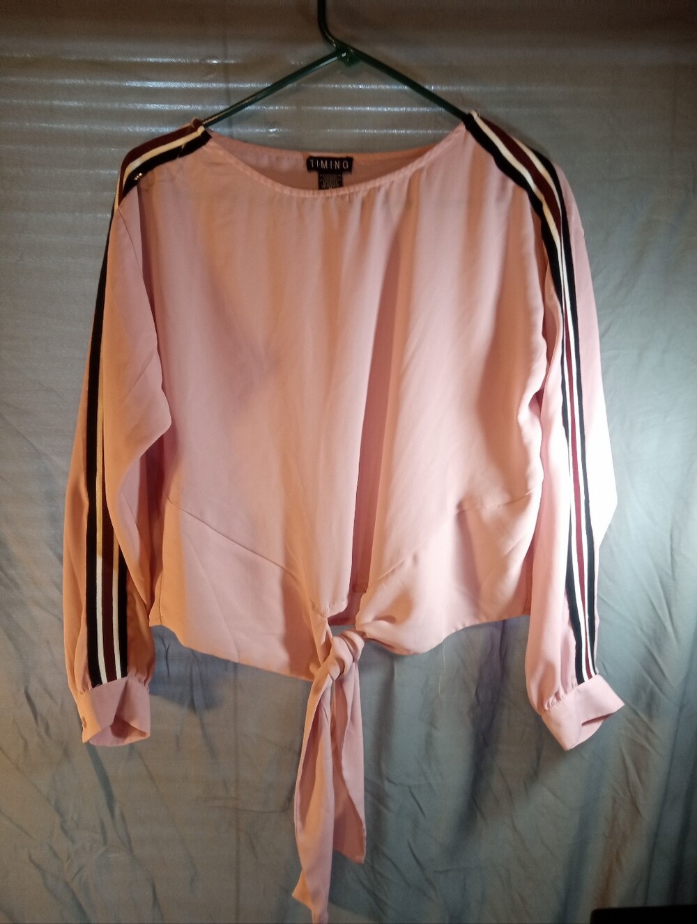 Timing Pink Tie-Front Blouse with Colorblock Sleeves